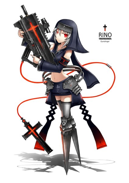 Anime picture 1000x1414 with gia single tall image short hair simple background red eyes white background silver hair inscription shadow nun mecha musume girl detached sleeves miniskirt gun cross