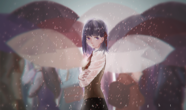 Anime picture 1980x1172 with fate (series) fate/stay night type-moon matou sakura 77ce fringe highres short hair black hair wide image standing purple eyes looking away wet hug crossed arms rain wet clothes wet shirt girl
