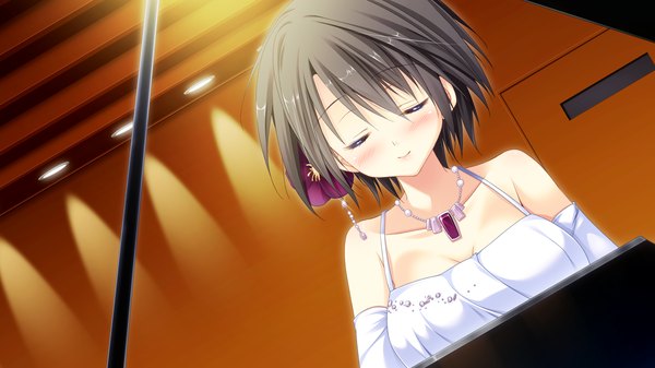 Anime picture 1280x720 with timepiece ensemble yushima towako sesena yau blush short hair black hair smile wide image game cg eyes closed girl dress hair ornament