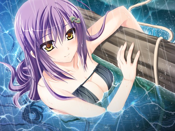 Anime picture 1600x1200 with koisuru koto to mitsu ketari! (game) long hair light erotic yellow eyes game cg purple hair light smile rain girl hair ornament swimsuit bikini black bikini eyepatch bikini