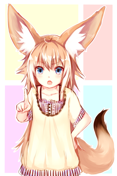 Anime picture 2000x3000 with original suke single long hair tall image blush fringe highres open mouth blue eyes simple background blonde hair hair between eyes standing animal ears tail animal tail short sleeves loli hand on hip