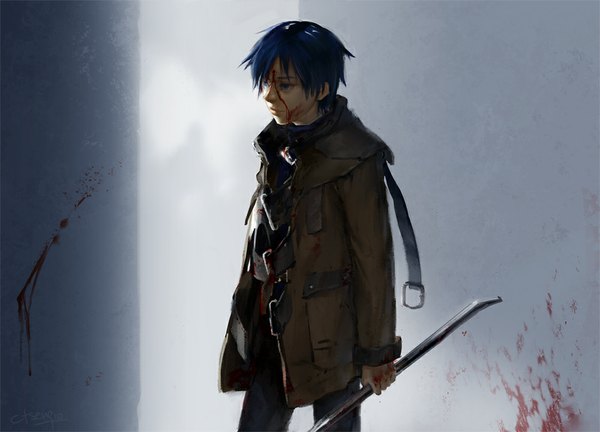 Anime picture 1000x720 with original lychi single short hair blue eyes standing blue hair looking away open clothes open jacket horror boy weapon jacket blood