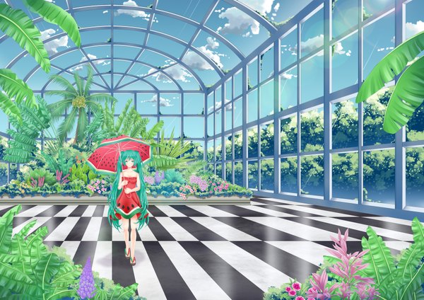 Anime picture 1697x1200 with vocaloid hatsune miku moyiche single looking at viewer twintails sky cloud (clouds) very long hair aqua eyes aqua hair food print watermelon print girl dress flower (flowers) plant (plants) umbrella