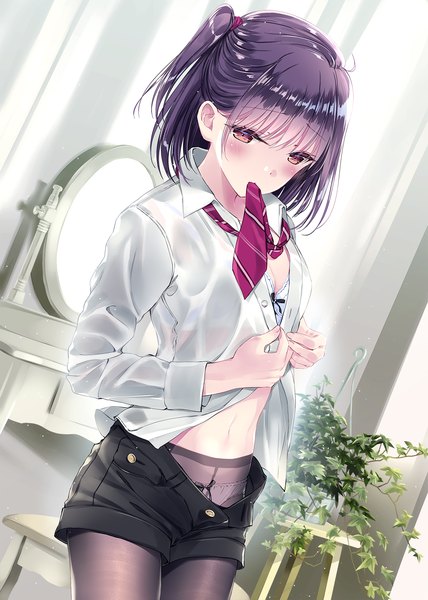 Anime picture 1276x1789 with original kobayashi chisato single tall image looking at viewer blush fringe short hair breasts light erotic standing holding brown eyes cleavage purple hair indoors blunt bangs long sleeves dutch angle one side up