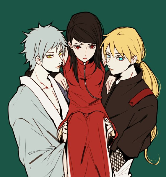 Anime picture 750x800 with naruto boruto studio pierrot naruto (series) uchiha sarada mitsuki (naruto) yamanaka inojin omuyama omu long hair tall image looking at viewer short hair blonde hair simple background red eyes brown hair yellow eyes ponytail traditional clothes japanese clothes