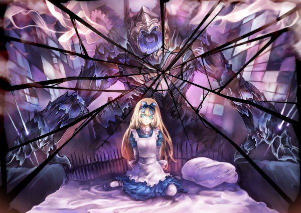 Anime picture 1200x850 with alice in wonderland suzuya akinori blue eyes blonde hair girl hairband pillow bed monster