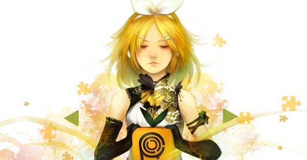 Anime picture 1200x629 with vocaloid kagamine rin youshun (naturaljuice) single short hair blonde hair wide image bare shoulders eyes closed girl gloves hair ornament elbow gloves hairclip puzzle