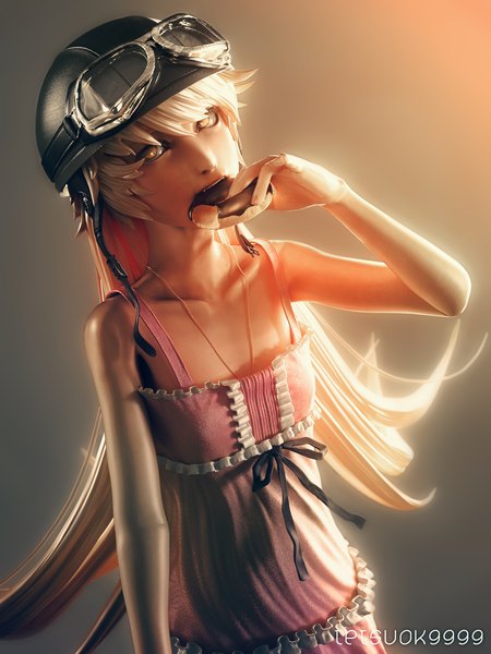 Anime picture 1500x2000 with bakemonogatari shaft (studio) monogatari (series) oshino shinobu tetsuok9999 single long hair tall image blonde hair simple background yellow eyes realistic goggles on head 3d girl dress food sundress goggles helmet