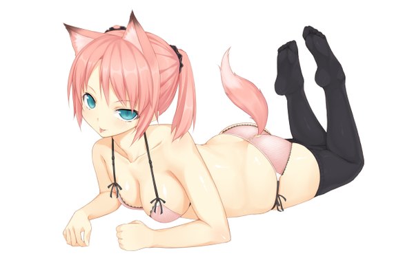 Anime picture 1280x800 with original kabocha head single long hair breasts blue eyes light erotic simple background wide image white background pink hair fox ears fox tail fox girl :p girl thighhighs black thighhighs swimsuit bikini