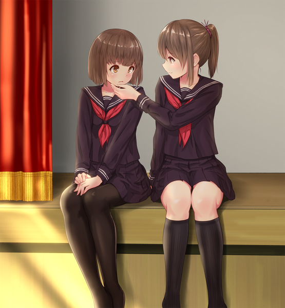 Anime picture 1274x1378 with original minagiku long hair tall image blush fringe short hair smile brown hair sitting multiple girls brown eyes bent knee (knees) ponytail indoors parted lips pleated skirt sunlight face to face hand on another's face