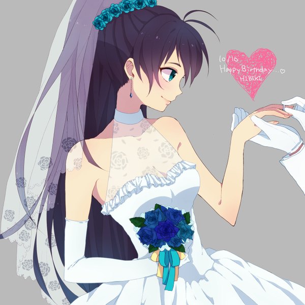 Anime picture 1500x1500 with idolmaster ganaha hibiki iketsuko single long hair blue eyes black hair simple background bare shoulders ahoge ponytail profile grey background character names happy birthday wedding girl dress gloves flower (flowers)