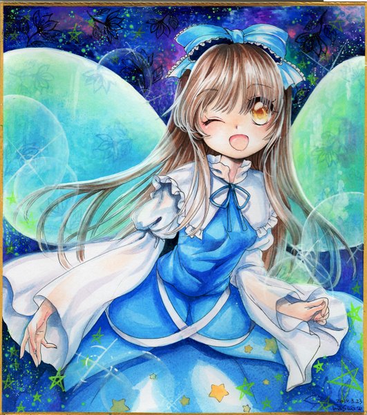 Anime picture 1329x1500 with touhou star sapphire mosho single long hair tall image looking at viewer blush open mouth brown hair signed one eye closed wink border traditional media watercolor (medium) girl bow hair bow wings