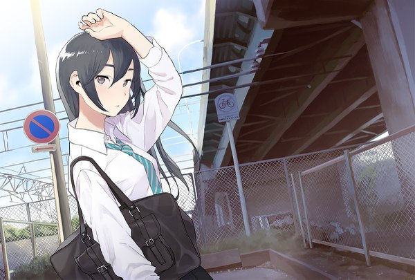 Anime picture 1200x811 with original morifumi single long hair looking at viewer fringe black hair hair between eyes brown eyes payot sky upper body outdoors arm up hand on head girl uniform school uniform shirt necktie