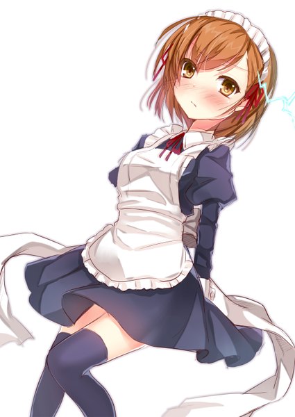 Anime picture 1000x1412 with to aru kagaku no railgun to aru majutsu no index j.c. staff misaka mikoto wa sakaidera umeko single tall image looking at viewer blush short hair simple background brown hair white background brown eyes long sleeves maid alternate costume zettai ryouiki puffy sleeves girl