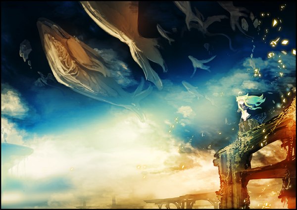 Anime picture 1000x707 with original tokiame green eyes sky cloud (clouds) ahoge green hair pointy ears :o light looking up fantasy girl dress monster suitcase