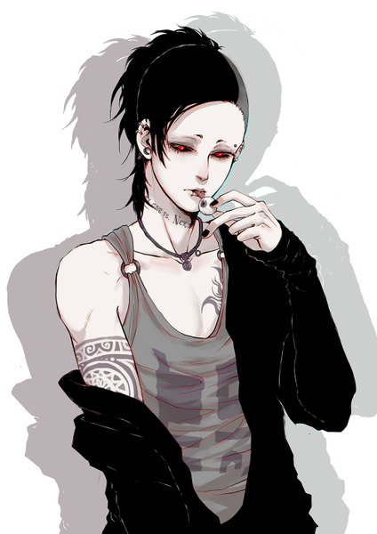 Anime picture 1000x1414 with tokyo ghoul studio pierrot uta (tokyo kushu) atlantis single tall image short hair black hair simple background red eyes white background holding nail polish fingernails off shoulder shadow tattoo piercing black nail polish black sclera