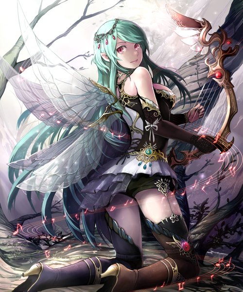 Anime picture 1500x1800 with shingoku no valhalla gate original otama (ladle) single long hair tall image breasts smile red eyes bare shoulders very long hair looking back green hair pointy ears high heels kneeling insect wings girl thighhighs dress