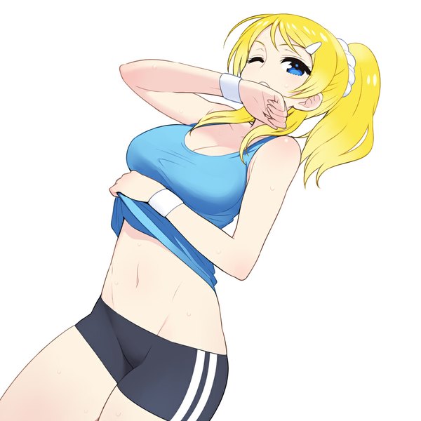 Anime picture 1000x1000 with love live! school idol project sunrise (studio) love live! ayase eli chan co single long hair blue eyes light erotic blonde hair simple background bare shoulders ponytail one eye closed wink bare belly bare legs sweat sweatdrop girl