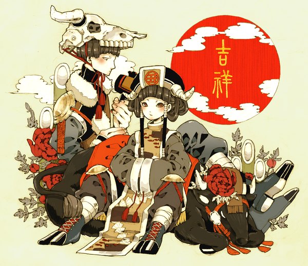 Anime picture 1244x1078 with original hamondo simple background cloud (clouds) chinese clothes armor skull sun