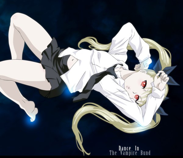 Anime picture 3000x2589 with dance in the vampire bund shaft (studio) mina tepes konno naoyuki single long hair looking at viewer highres light erotic blonde hair red eyes twintails lying inscription open clothes loli open shirt glow girl skirt