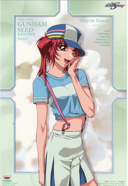 Anime picture 1853x2699 with mobile suit gundam gundam seed destiny sunrise (studio) meyrin hawke fukano youichi single tall image highres short hair open mouth twintails red hair grey eyes short twintails girl skirt suspenders baseball cap