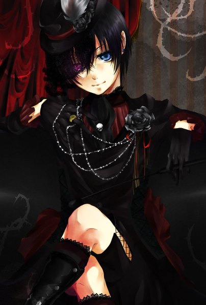 Anime picture 1750x2600 with kuroshitsuji a-1 pictures ciel phantomhive pikeish (artist) single tall image looking at viewer fringe highres short hair blue eyes black hair smile hair over one eye crossed legs boy gloves hat earrings feather (feathers)