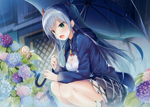 Anime picture 4189x3000 with original kazu kakao single long hair looking at viewer fringe highres open mouth hair between eyes sitting twintails holding green eyes blue hair absurdres outdoors nail polish :d pleated skirt fingernails