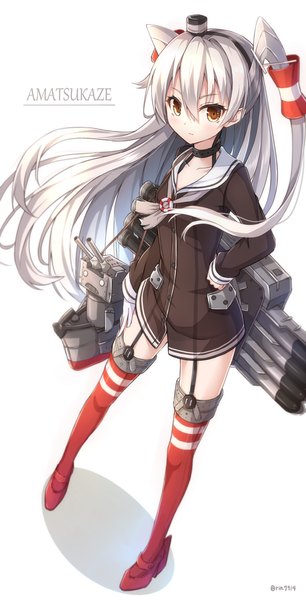Anime picture 900x1760 with kantai collection amatsukaze destroyer rensouhou-kun rin yuu single long hair tall image looking at viewer simple background white background brown eyes silver hair full body from above two side up character names girl thighhighs gloves hair ornament