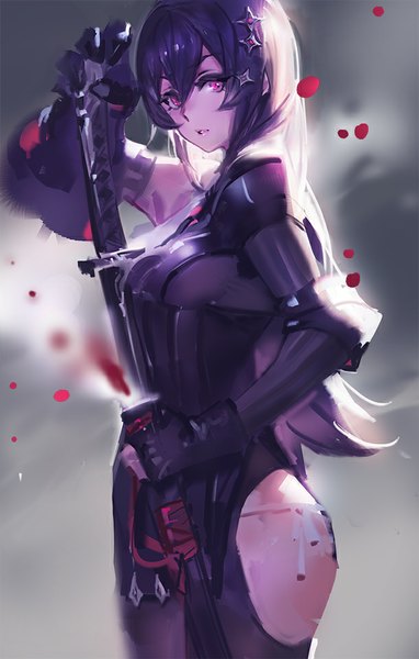 Anime picture 611x960 with original pixiv fantasia pixiv fantasia t kishiyo single long hair tall image looking at viewer light erotic black hair standing parted lips pink eyes revision sheathed girl hair ornament underwear panties weapon