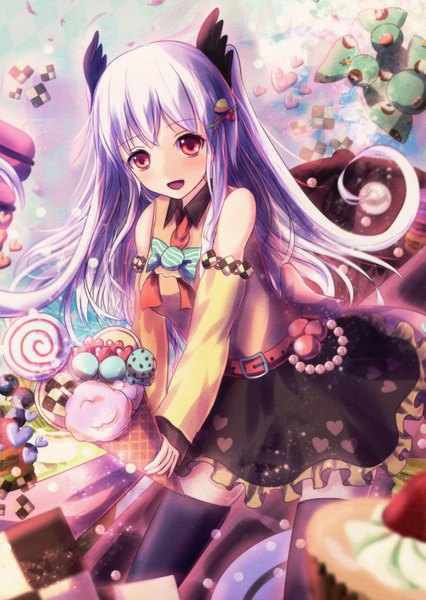 Anime picture 2127x2994 with original riichu single long hair tall image looking at viewer highres open mouth red eyes white hair scan girl thighhighs dress black thighhighs detached sleeves food sweets ice cream