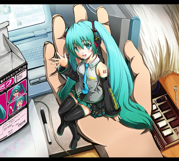 Anime picture 1000x900 with vocaloid hatsune miku chiri (atlanta) long hair blush open mouth sitting twintails bare shoulders aqua eyes aqua hair girl thighhighs skirt black thighhighs detached sleeves necktie headphones hands laptop