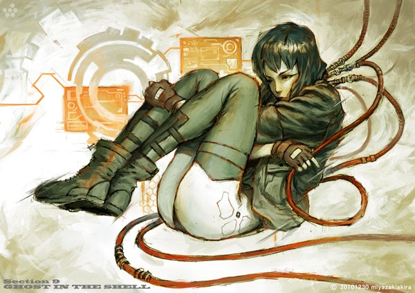 Anime picture 1500x1060 with ghost in the shell production i.g kusanagi motoko miyazaki (artist) short hair light erotic black hair leg hug embryo's pose girl thighhighs gloves boots fingerless gloves wire (wires) android