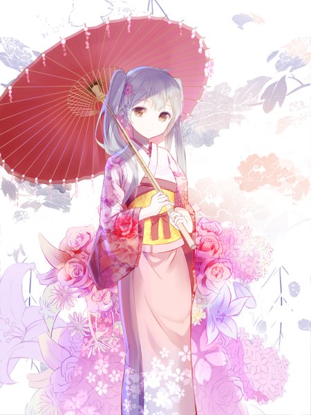 Anime picture 2400x3200 with project diva f 2nd vocaloid hatsune miku red flowers single long hair tall image looking at viewer fringe highres smile standing twintails holding brown eyes ahoge long sleeves traditional clothes japanese clothes hair flower