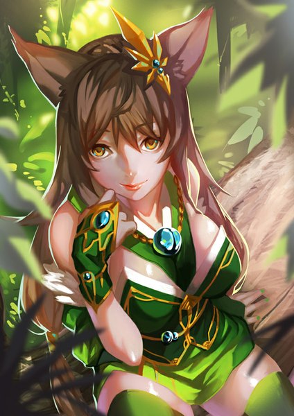 Anime picture 636x900 with original deras single long hair tall image breasts smile brown hair large breasts sitting bare shoulders animal ears yellow eyes girl hair ornament leaf (leaves) branch