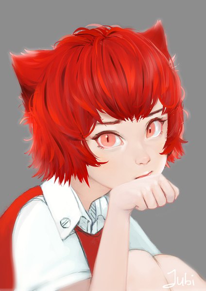 Anime picture 1191x1684 with original milk (jubi) jubi (regiana) single tall image looking at viewer short hair simple background red eyes signed animal ears upper body bent knee (knees) red hair blurry cat ears realistic grey background slit pupils messy hair