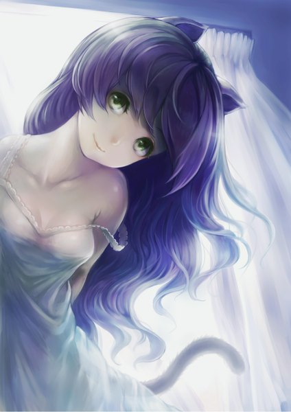 Anime picture 1074x1518 with original kyol-2 single long hair tall image looking at viewer smile bare shoulders green eyes animal ears cleavage animal tail lips cat ears cat tail strap slip girl dress white dress curtains