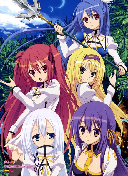 Anime picture 5647x7779 with seirei tsukai no blade dance terminus est claire rouge fianna ray ordessia ellis fahrengart rinslet laurenfrost long hair tall image looking at viewer highres open mouth blue eyes blonde hair smile red eyes purple eyes multiple girls green eyes blue hair absurdres