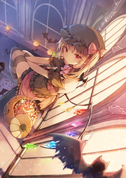 Anime picture 1000x1412 with touhou flandre scarlet shnva single tall image fringe short hair blonde hair red eyes sitting indoors head tilt from above shadow short sleeves zettai ryouiki glowing side ponytail halloween bare back