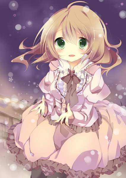 Anime picture 752x1062 with original umino mizu single tall image looking at viewer blush short hair open mouth brown hair green eyes night snowing winter girl dress frills snowflake (snowflakes)