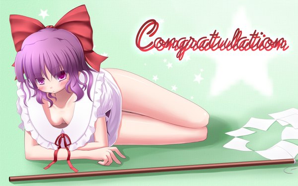 Anime picture 1920x1200 with touhou hakurei reimu mille (dieci) highres light erotic wide image purple eyes cleavage purple hair girl bow hair bow