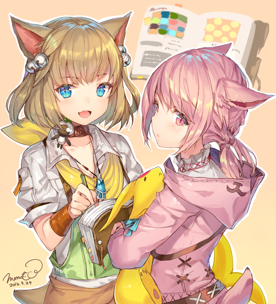 Anime picture 1000x1100 with final fantasy final fantasy xiv square enix miqo'te carbuncle (final fantasy) khloe aliapoh momoko (momopoco) long hair tall image looking at viewer fringe short hair blue eyes simple background blonde hair twintails multiple girls signed animal ears payot