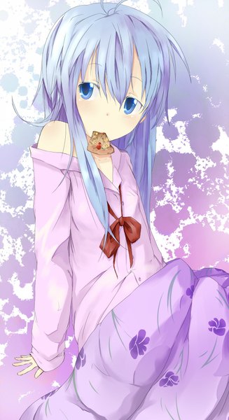 Anime picture 600x1100 with denpa onna to seishun otoko shaft (studio) touwa erio en@rain single long hair tall image blush fringe blue eyes simple background sitting bare shoulders holding blue hair looking away mouth hold girl bow food