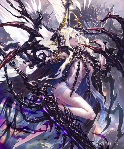 Anime picture 750x900 with shingeki no bahamut hisakata souji long hair tall image looking at viewer fringe open mouth light erotic blonde hair purple eyes bent knee (knees) barefoot bare legs no shoes girl cape transparent clothing monster claws
