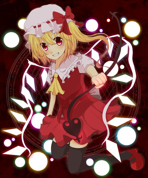 Anime picture 1185x1425 with touhou flandre scarlet bun no ji (artist) single tall image short hair blonde hair red eyes one side up girl thighhighs dress weapon black thighhighs wings bonnet laevatein (touhou)