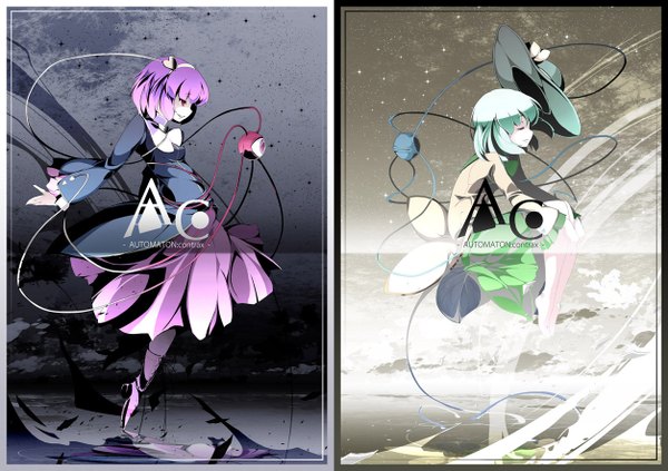 Anime picture 1254x886 with touhou komeiji koishi komeiji satori asakura masatoki short hair red eyes multiple girls purple hair eyes closed profile barefoot green hair spread arms multiview eyes girl 2 girls hat