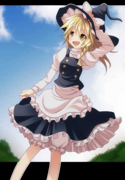 Anime picture 1042x1500 with touhou kirisame marisa s-syogo single long hair tall image blush open mouth blonde hair yellow eyes cloud (clouds) single braid witch girl dress skirt bow apron witch hat skirt set