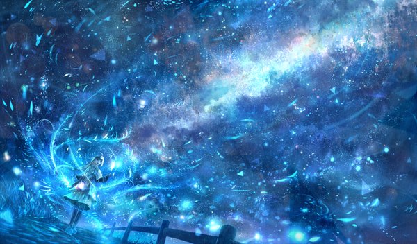 Anime picture 1870x1100 with original bounin single long hair fringe highres open mouth wide image sky cloud (clouds) ahoge wind from below lens flare glowing happy milky way girl skirt plant (plants)