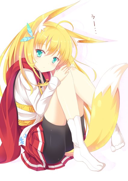 Anime picture 1000x1412 with original nibiiro shizuka single long hair tall image simple background blonde hair white background green eyes animal ears ahoge traditional clothes fox ears fox tail fox girl girl socks white socks