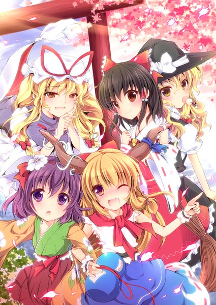 Anime picture 2508x3541 with touhou hakurei reimu kirisame marisa yakumo yukari ibuki suika hieda no akyuu enjoy mix long hair tall image blush highres short hair open mouth black hair blonde hair smile purple eyes multiple girls brown eyes purple hair