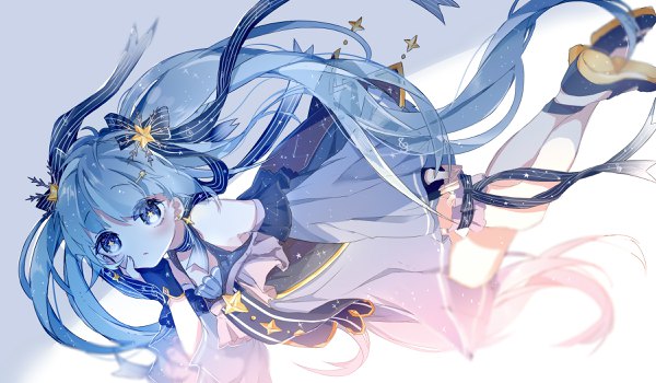 Anime picture 2400x1400 with vocaloid star night snow (vocaloid) hatsune miku yuki miku yuki miku (2017) nimo (fb74716610) single blush highres blue eyes simple background wide image twintails blue hair bent knee (knees) very long hair wind symbol-shaped pupils striped weightlessness